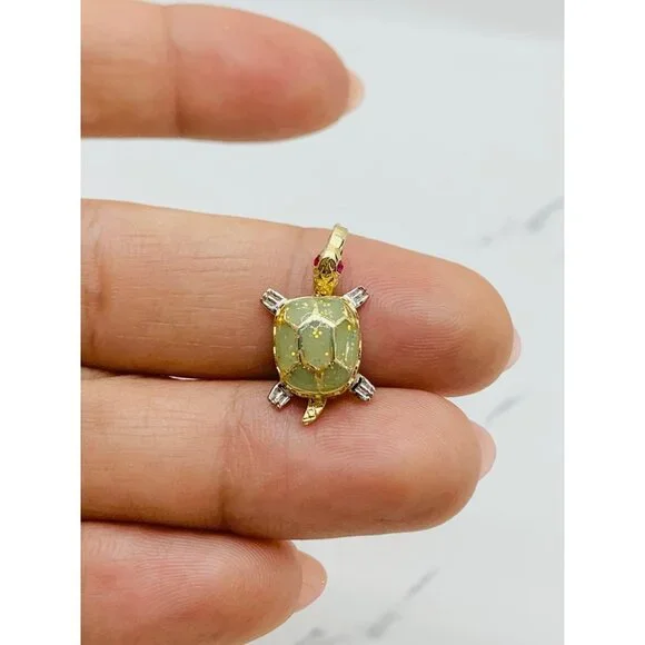 10k solid gold pendant turtle ❤️ Green - Picture 1 of 5
